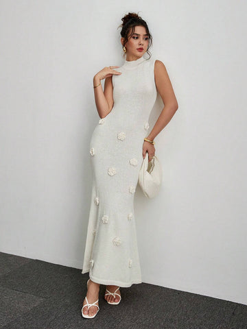 Solid Color Stand Collar Floral Applique Elegant Sleeveless Dress