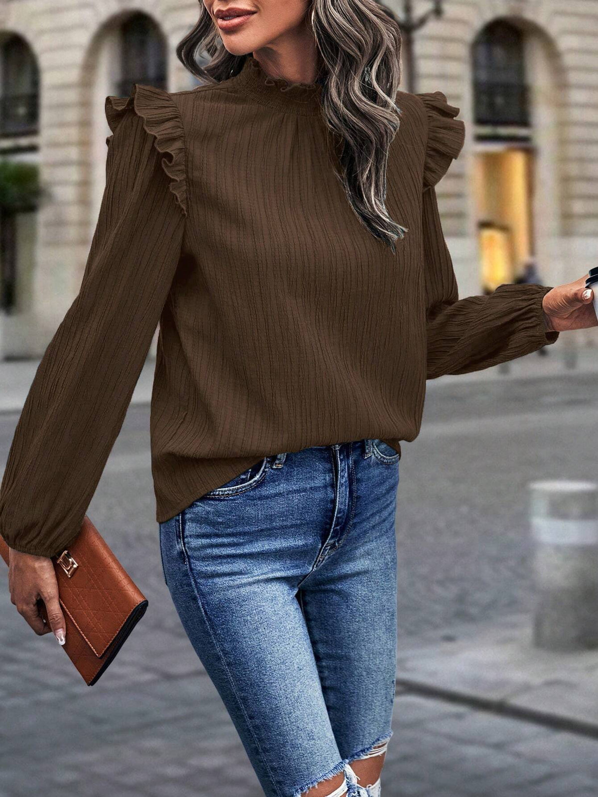 Frenchy Solid Color Stand Collar Ruffle Trim Elegant Fashion Long Sleeve Blouse