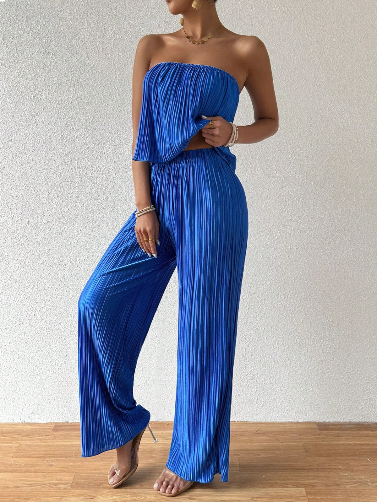 Solid Color Textured Casual Strapless Top And Wide Leg Pants Two-Piece Set