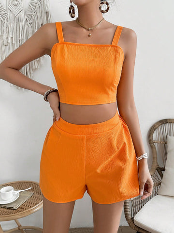 Solid Color Textured Vest And Shorts Casual Set