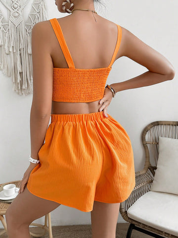 Solid Color Textured Vest And Shorts Casual Set
