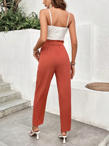 Solid Color V-Neck Knotted Strap Tank Top And Paper Bag Waist Tapered Trousers