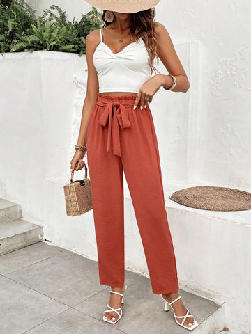 Solid Color V-Neck Knotted Strap Tank Top And Paper Bag Waist Tapered Trousers