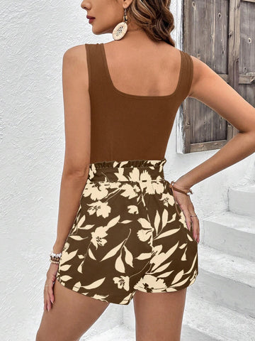 Solid Color Vest And Leopard Random Print Shorts Two-Piece Set