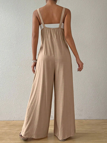 Solid Color Wide Leg Strap Jumpsuit