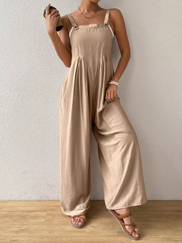 Solid Color Wide Leg Strap Jumpsuit