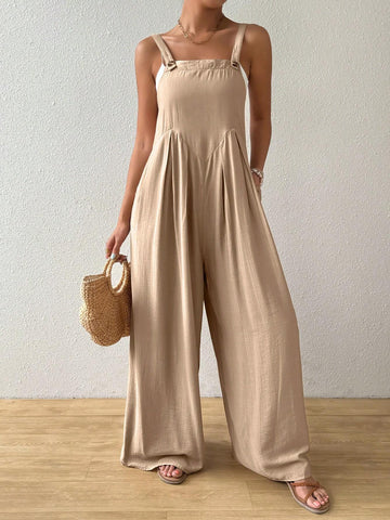 Solid Color Wide Leg Strap Jumpsuit
