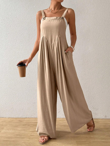 Solid Color Wide Leg Strap Jumpsuit