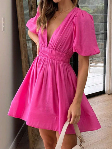 Solid Deep V-Neck Slim Waist Dress