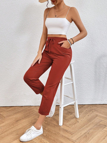 Frenchy Solid Drawstring Waist Cropped Pants