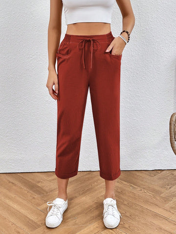 Frenchy Solid Drawstring Waist Cropped Pants