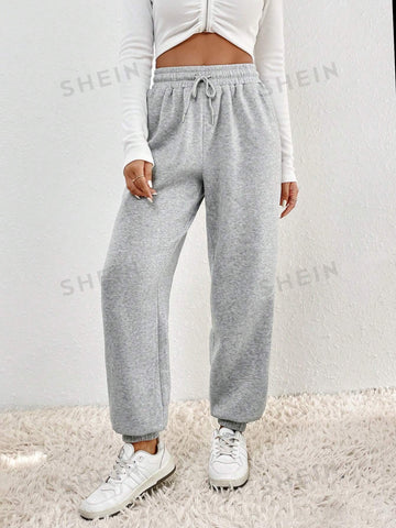Frenchy Solid Drawstring Waist Grey Basic Sweatpants