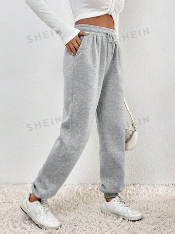 Frenchy Solid Drawstring Waist Grey Basic Sweatpants