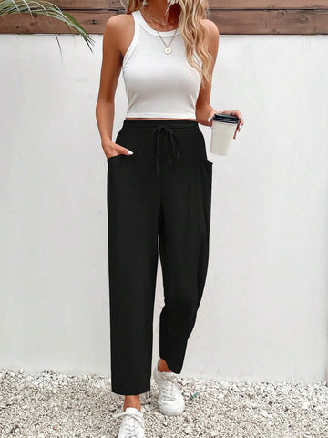 Frenchy Solid Drawstring Waist Pocket Pants