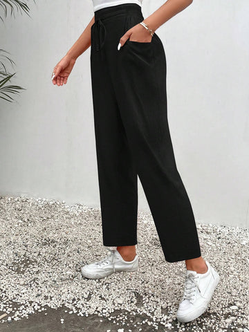 Frenchy Solid Drawstring Waist Pocket Pants