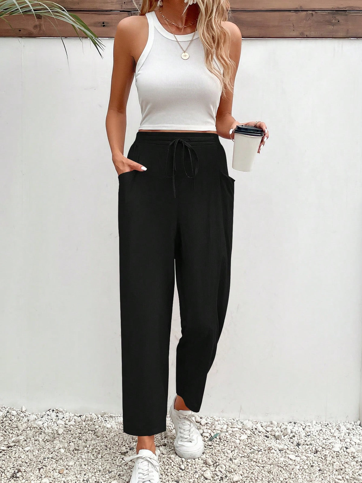 Frenchy Solid Drawstring Waist Pocket Pants