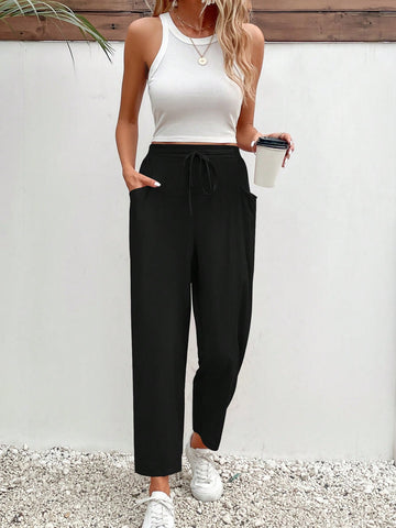 Frenchy Solid Drawstring Waist Pocket Pants