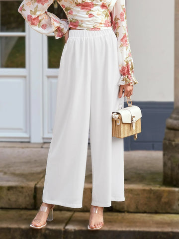 Frenchy Solid Elastic Waist Wide Leg Pants