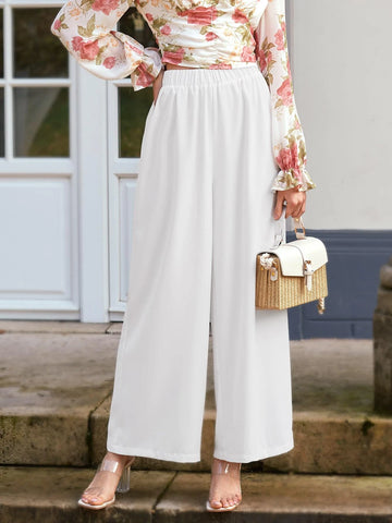 Frenchy Solid Elastic Waist Wide Leg Pants