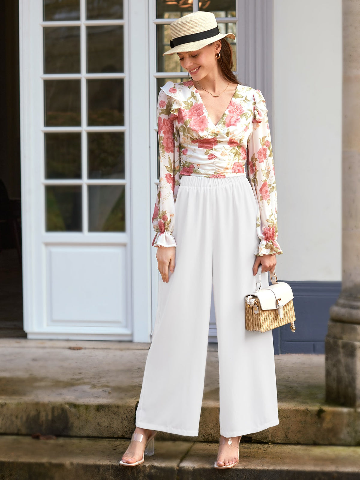 Frenchy Solid Elastic Waist Wide Leg Pants