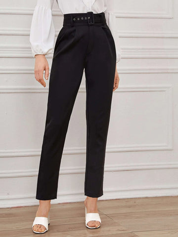 Frenchy Solid Eyelet Buckle Belted Tailored Pants