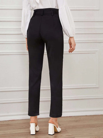 Frenchy Solid Eyelet Buckle Belted Tailored Pants