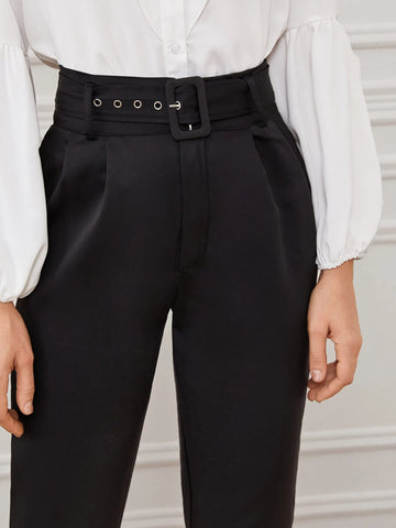Frenchy Solid Eyelet Buckle Belted Tailored Pants