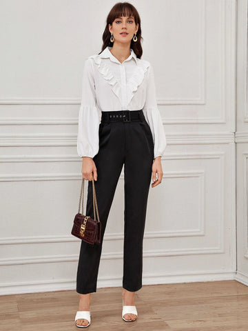 Frenchy Solid Eyelet Buckle Belted Tailored Pants