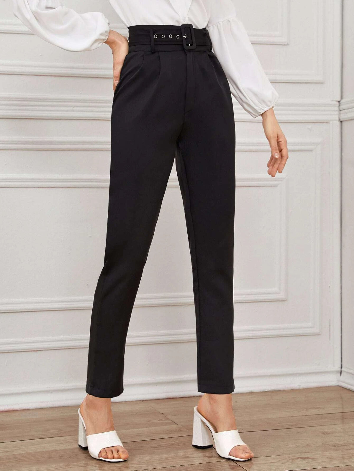 Frenchy Solid Eyelet Buckle Belted Tailored Pants
