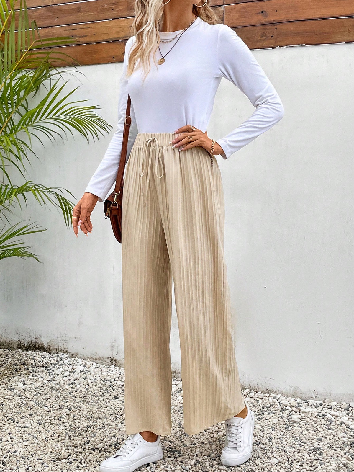 Frenchy Solid Knot Front Plisse Wide Leg Pants