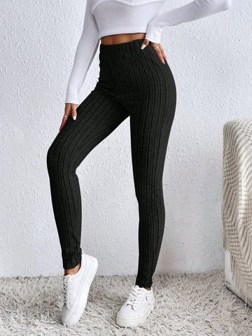 Frenchy Solid Ribbed Knit Bodycon Leggings