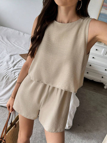 Solid Round Neck Tank Romper For Summer