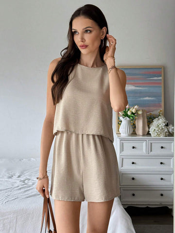 Solid Round Neck Tank Romper For Summer