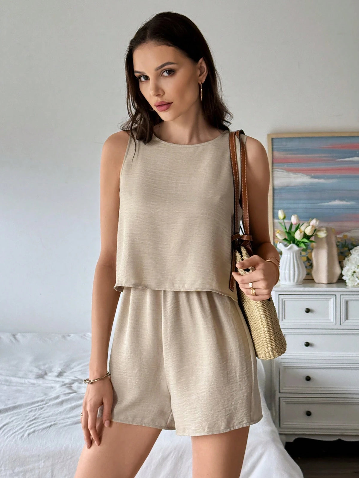 Solid Round Neck Tank Romper For Summer