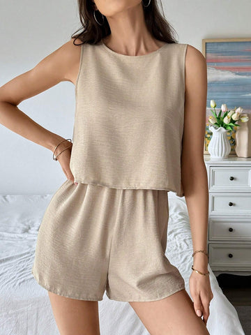 Solid Round Neck Tank Romper For Summer