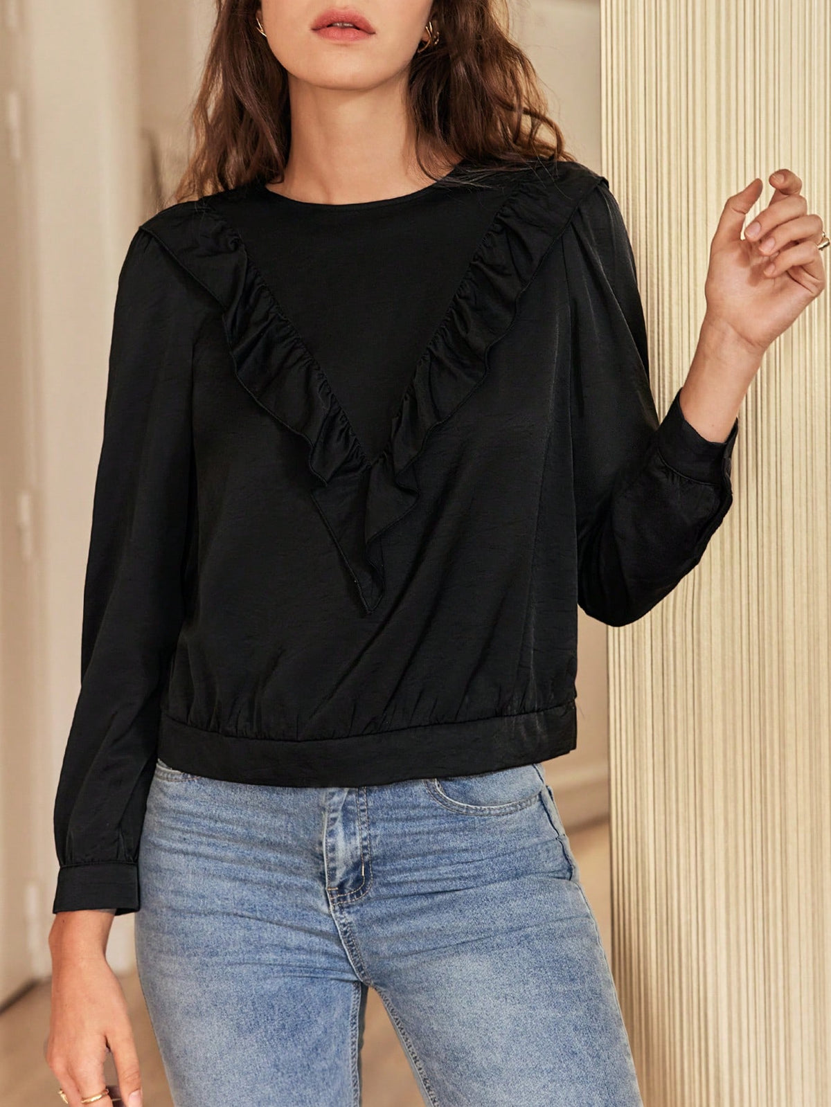 Solid Ruffle Trim Blouse