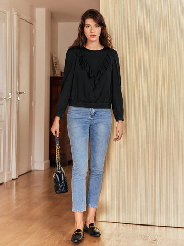 Solid Ruffle Trim Blouse