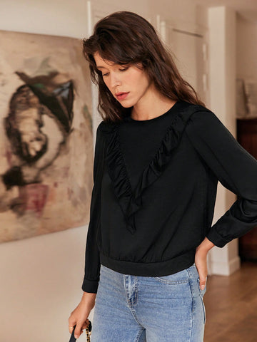 Solid Ruffle Trim Blouse