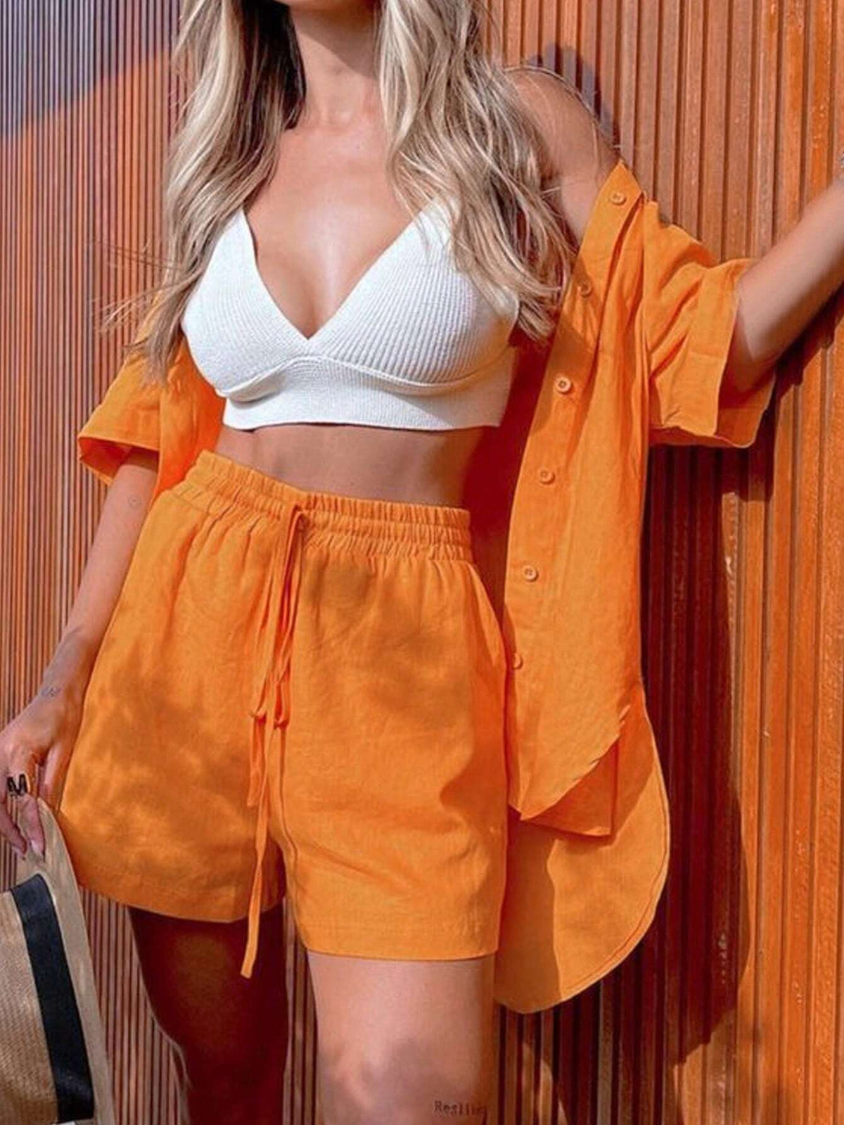 Solid Textured Button Front Half Sleeve Shirt And Shorts Set