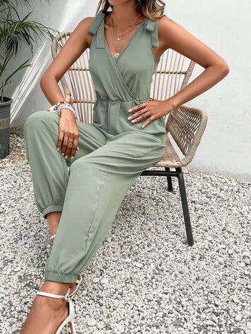 Solid Tie Shoulder Surplice Front Jumpsuit