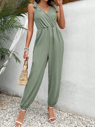 Solid Tie Shoulder Surplice Front Jumpsuit