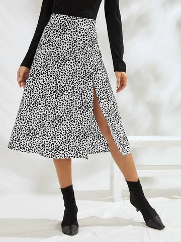 Frenchy Speckled Print Split Thigh A-Line Midi Skirt