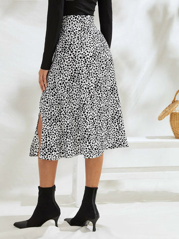 Frenchy Speckled Print Split Thigh A-Line Midi Skirt