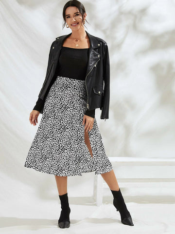 Frenchy Speckled Print Split Thigh A-Line Midi Skirt