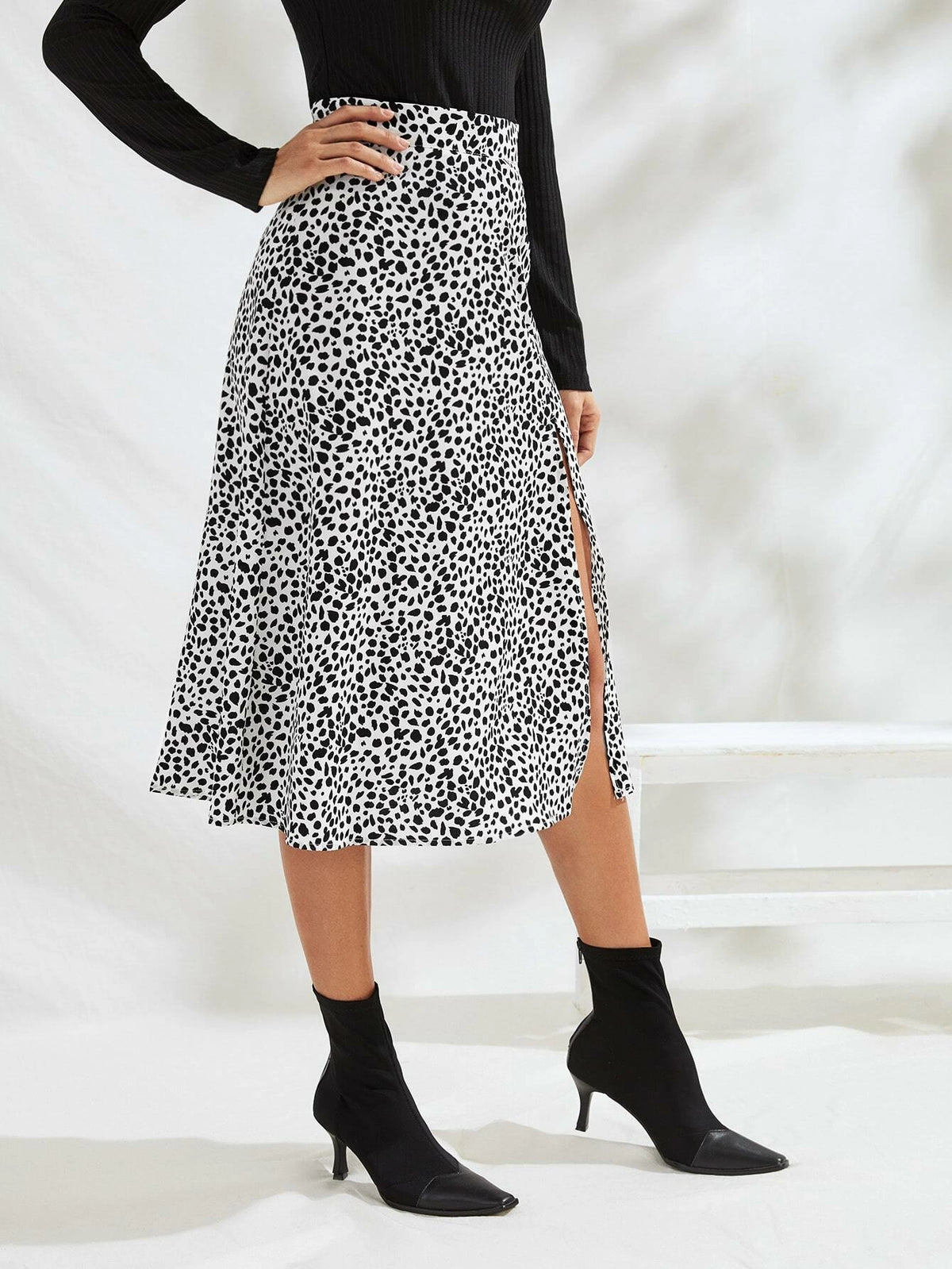 Frenchy Speckled Print Split Thigh A-Line Midi Skirt