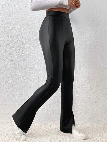 Frenchy Split Hem PU Leather Bodycon Black Split Leggings