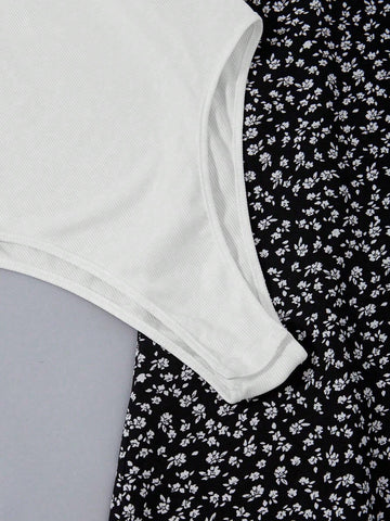 Spring/Summer Knitted Stand Collar Sleeveless Bodysuit + Front Slit Woven Printed Skirt Two Piece Outfit