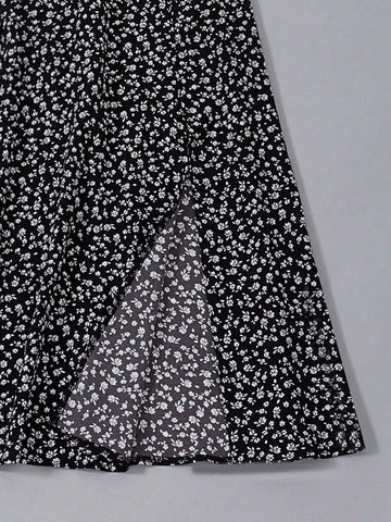 Spring/Summer Knitted Stand Collar Sleeveless Bodysuit + Front Slit Woven Printed Skirt Two Piece Outfit