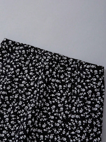 Spring/Summer Knitted Stand Collar Sleeveless Bodysuit + Front Slit Woven Printed Skirt Two Piece Outfit