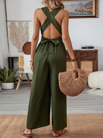 Spring/Summer Twist Front Cami Jumpsuit With Crisscross Open Back And Tie Waist